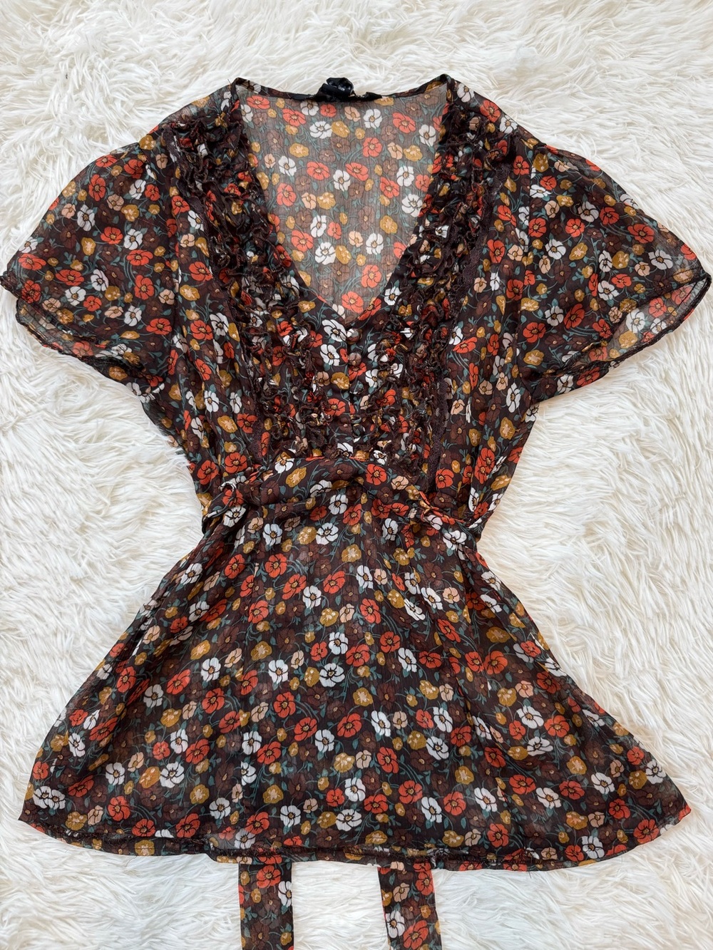 Y2K Antilia Femme sheer ditsy floral mod blouse with ruffles size small